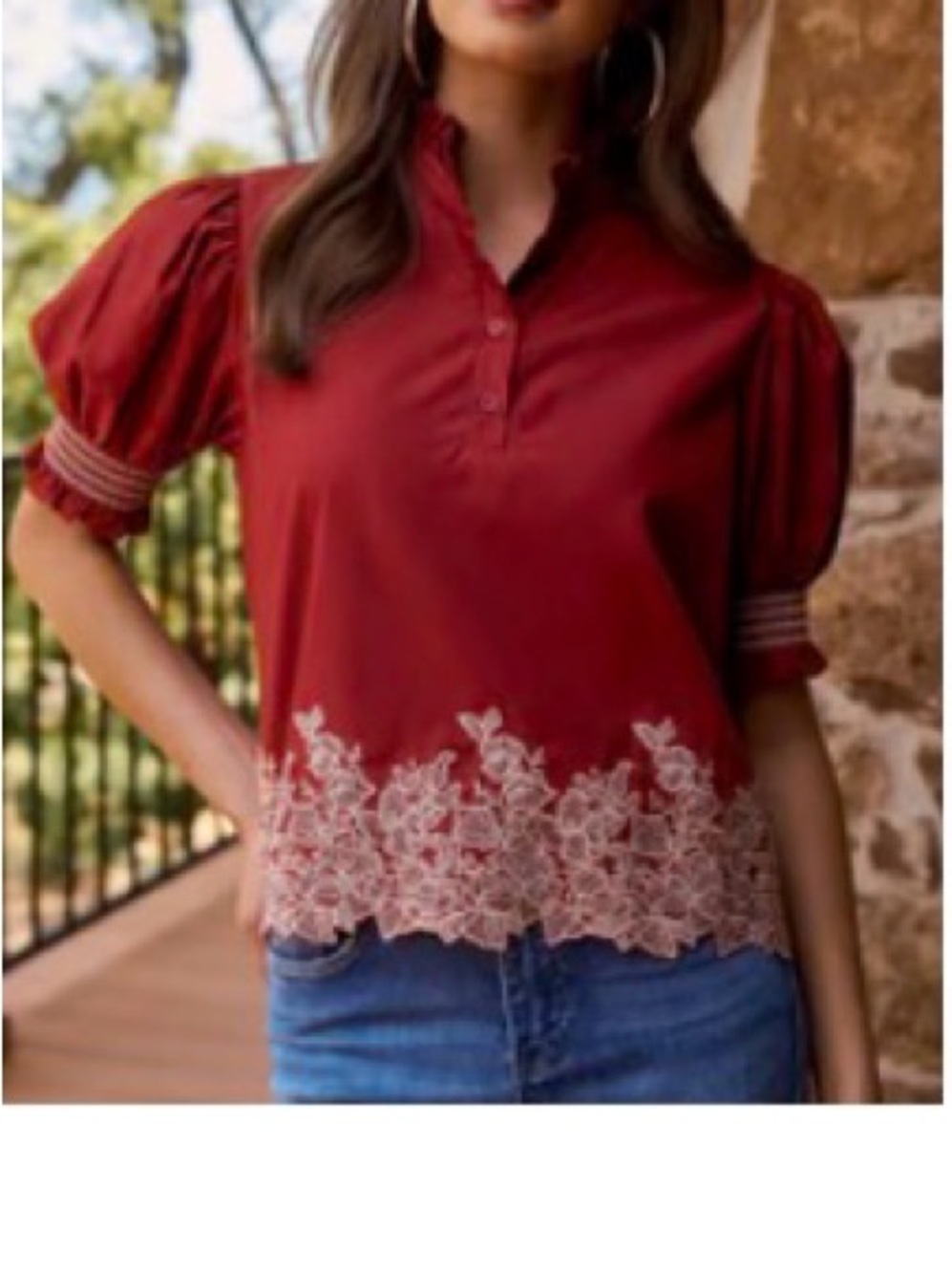 Avara Prudence Top Red Lace Hem Puff Sleeve Blouse NWT Small Boutique Entro
